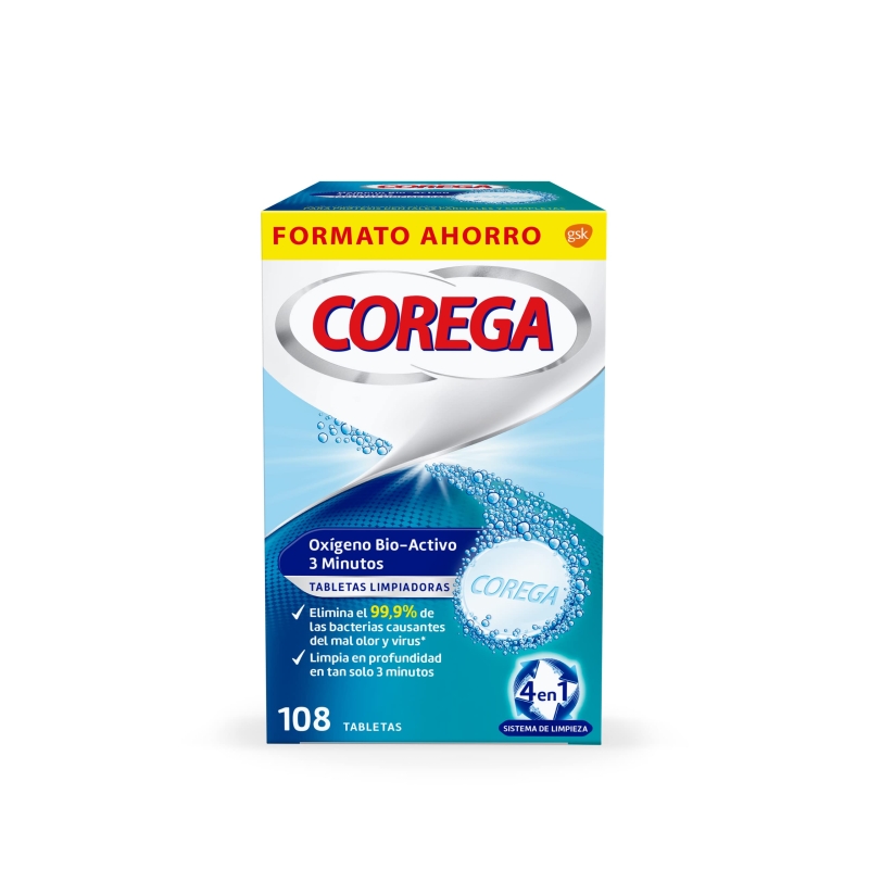 COREGA OXIGENO BIO-ACTIVO LIMPIEZA PROTESIS DENTAL 108 TABLETAS